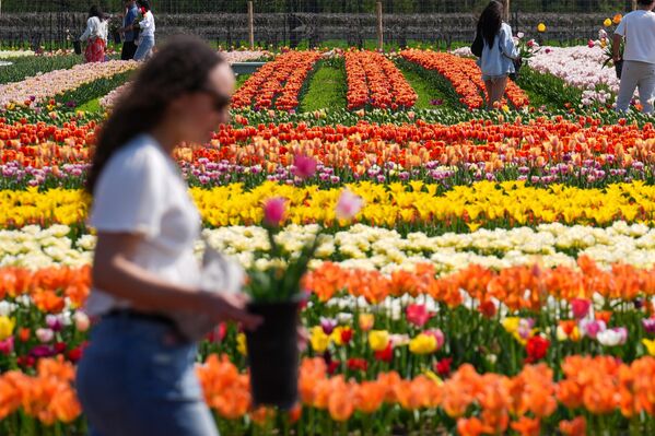 Ziyaretçiler çiçekler arasında yürüyüş yaptı ve bol bol fotoğraf çekti. - Sputnik Türkiye