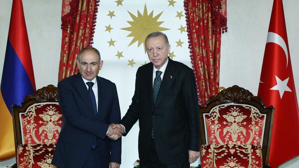 Cumhurbaşkanı Recep Tayyip Erdoğan, Cumhurbaşkanlığı Dolmabahçe Çalışma Ofisi'nde, Ermenistan Başbakanı Nikol Paşinyan'ı kabul etti - Sputnik Türkiye