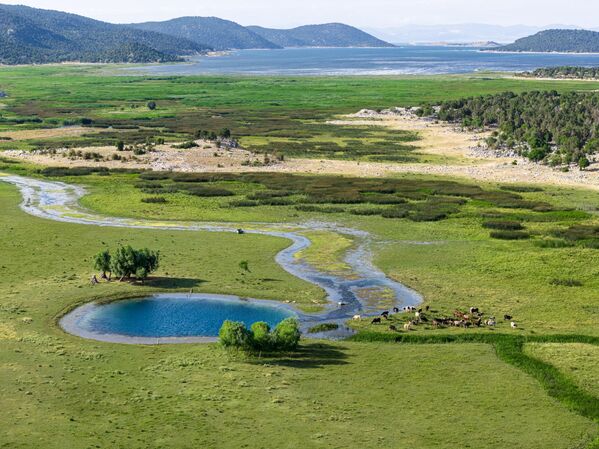 Beyşehir Gölü’nde su seviyesinin düşmesiyle daha önce sular altında kalan gözeler gün yüzüne çıktı. - Sputnik Türkiye