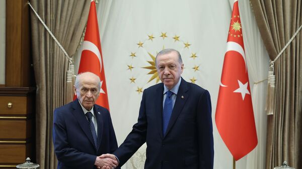Cumhurbaşkanı Erdoğan, MHP Genel Başkanı Bahçeli'yi Cumhurbaşkanlığı Külliyesi'nde kabul etti - Sputnik Türkiye