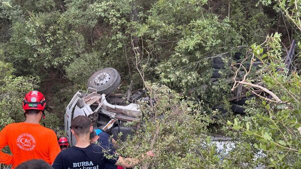 Bursa'nın Gürsu ile Kestel ilçeleri arasında çıkan orman yangını bölgesine su taşıyan tanker şarampole devrildi - Sputnik Türkiye