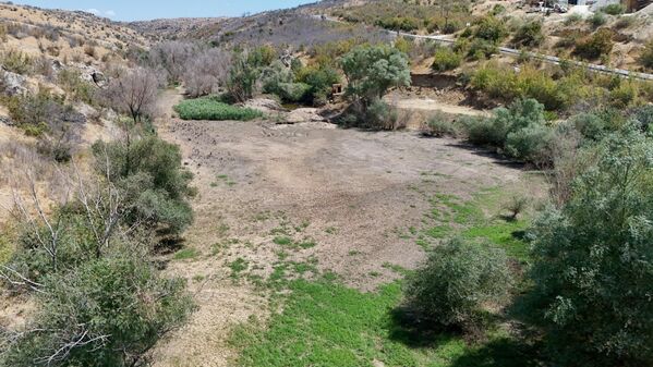 Suyu çekilen dere yatağında çatlaklar oluşurken, derenin bazı bölgelerinde ise otların yeşerdiği gözlemlendi. - Sputnik Türkiye