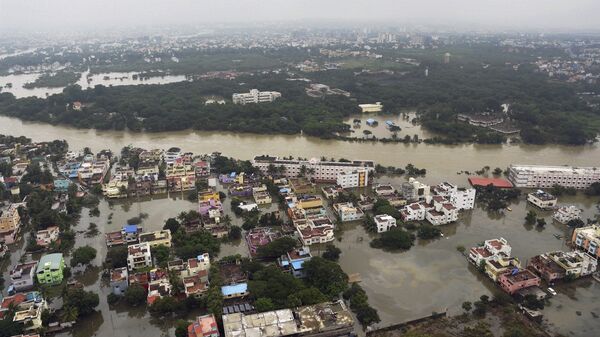 This Thursday, Dec. 3, 2015 aerial photo, shows flood-hit Chennai city following heavy rains in Chennai, India - Sputnik Türkiye