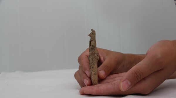 İzmir'in Kemalpaşa ilçesindeki Ulucak Höyüğü'nde yürütülen kazılarda, 8 bin yıllık olduğu değerlendirilen tilki postlu erkek figürü ortaya çıkarıldı. - Sputnik Türkiye