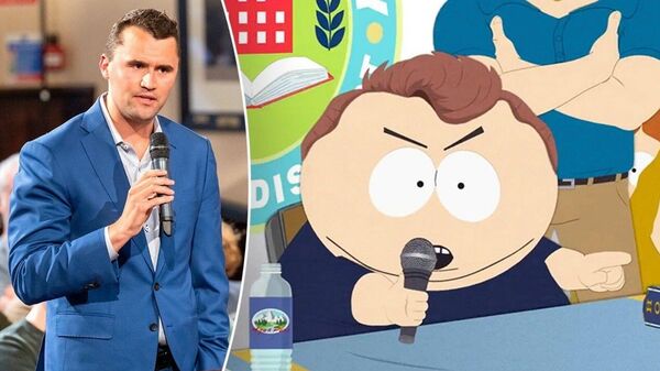 Charlie Kirk (solda) ve South Park oizisinin Charlie Kirk'ü konu alan 'Got a Nut' isimli bölümü - Sputnik Türkiye