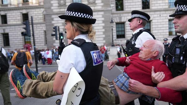 Police officers carry a protester during a protest to support Palestine Action in London - Sputnik Türkiye