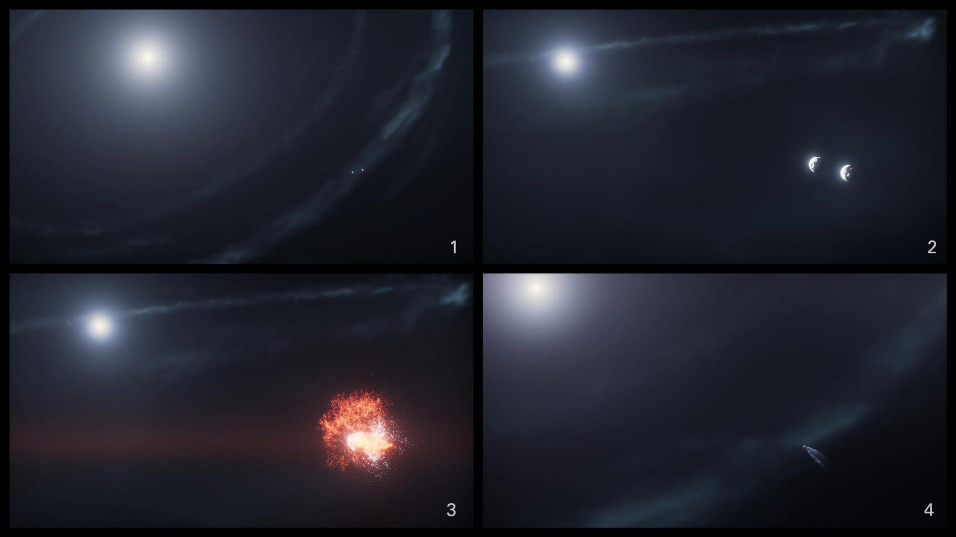 This artist’s concept shows the sequence of events leading up to the creation of dust cloud cs2 around the star Fomalhaut. In Panel 1, the star Fomalhaut appears in the top left corner. Two white dots, located in the bottom right corner, represent the two massive objects in orbit around Fomalhaut. In Panel 2, the objects approach each other. Panel 3 shows the violent collision of these two objects. In Panel 4, the resulting dust cloud cs2 becomes visible and starlight pushes the dust grains away from the star. Credit: NASA, ESA, STScI, Ralf Crawford (STScI)
 - Sputnik Türkiye, 1920, 19.12.2025