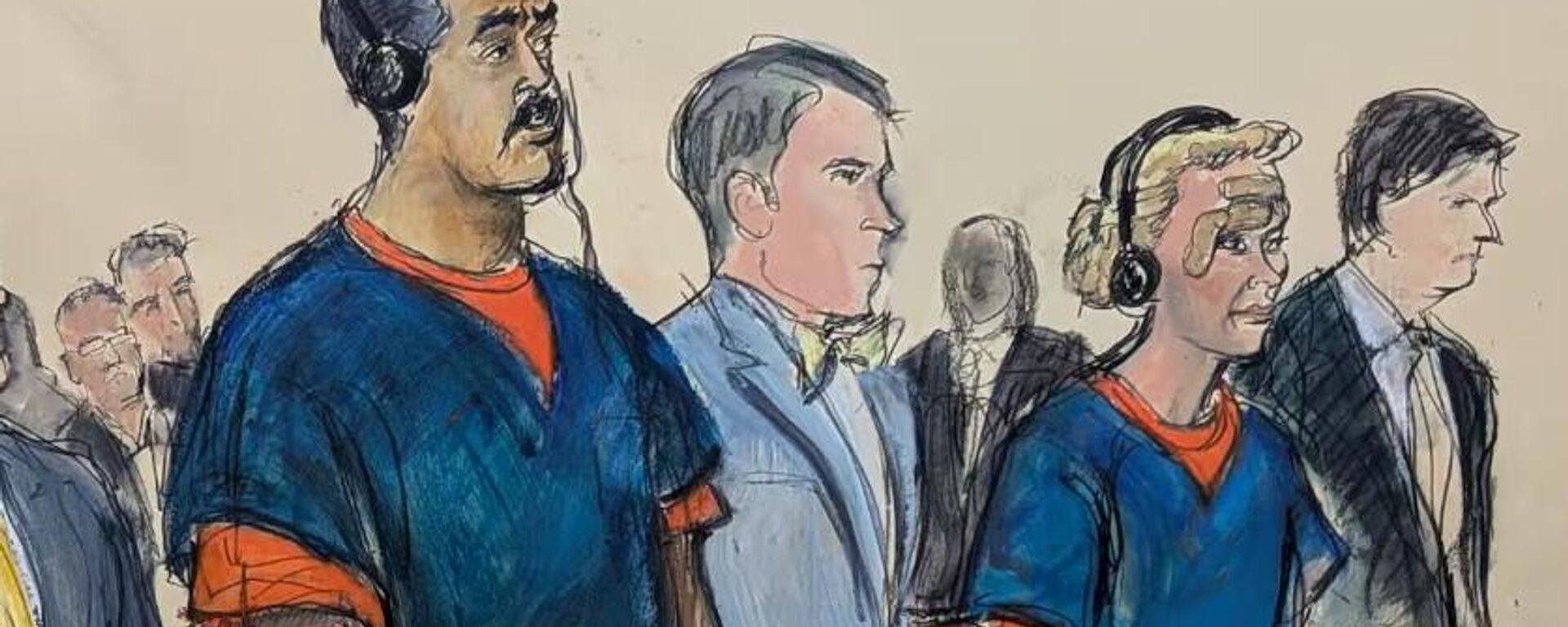 Venezuela Devlet Başkanı Nicolas Maduro ve eşi Cilia Flores’in mahkemeye katıldığını gösteren duruşma çizimi - Sputnik Türkiye, 1920, 05.01.2026