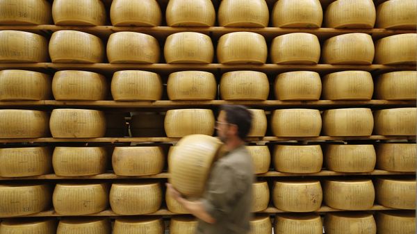 In this photo taken Tuesday, Oct. 8, 2019, Parmigiano Reggiano Parmesan cheese wheels are stored in Noceto, near Parma, Italy.  - Sputnik Türkiye