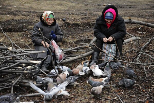Debaltsevo'da yaşlı kadınlar güvercin besliyorlar - Sputnik Türkiye