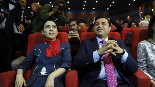 HDP Eş Genel Başkanları Yüksekdağ ve Demirtaş, alkışlar eşliğinde seçim bildirgesini açıkladı. - Sputnik Türkiye