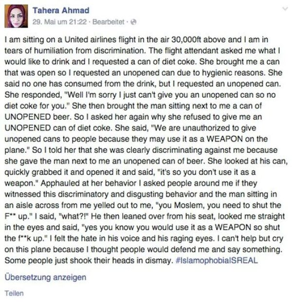 ABD'li havayolu şirketi United Airlines ile Washington'a uçan Tahire Ahmed adlı Müslüman bir kadın, hostesten istediği kutu kolayı 'silah olarak kullanabileceği' gerekçesiyle alamadı.  - Sputnik Türkiye