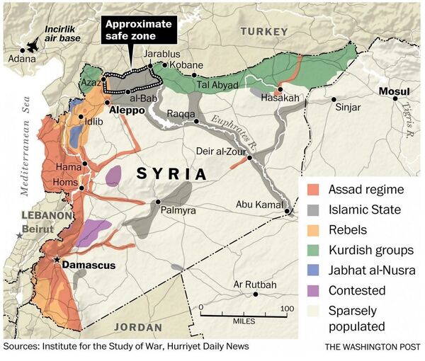 Güvenli bölgenin, Fırat nehrinden başlayarak 110 km batıya uzanacağı belirtildi.   - Sputnik Türkiye
