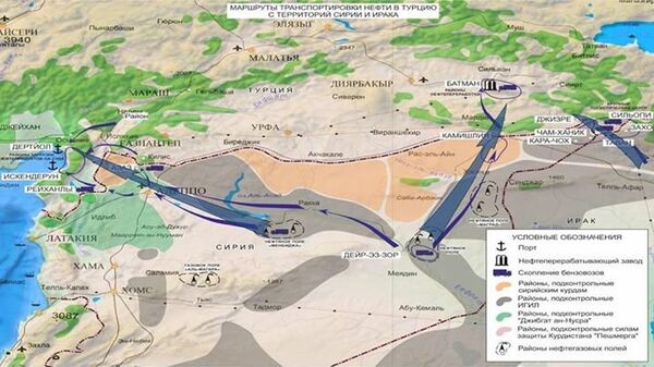 Suriye'den Türkiye'ye yasadışı petrol ticaretinde kullanılan üç ana rota tespit ettiklerini belirten Rusya Genelkurmay yetkilisi Sergey Rudskoy, bunlardan birinin Deyr ez Zor'dan Batman'a, ikincisinin Tel Afar'dan Cizre'ye, üçüncüsünün de Rakka'nın güneyindeki bir petrol yatağından Osmaniye'ye gittiğini açıkladı. - Sputnik Türkiye