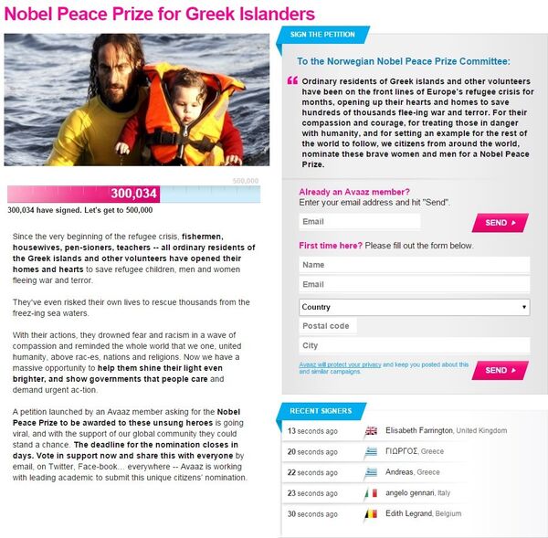 'Nobel Peace Prize for Greek Islanders' isimli imza kampanyasını şimdiye dek 300 bin 34 kişi imzaladı. - Sputnik Türkiye