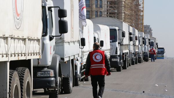 A Red Crescent convoy prepares to leave Damascus to the besieged areas of Madaya and Zabadani, on February 17, 2016 during an operation in cooperation with the UN to deliver aid to thousands of besieged Syrians - Sputnik Türkiye