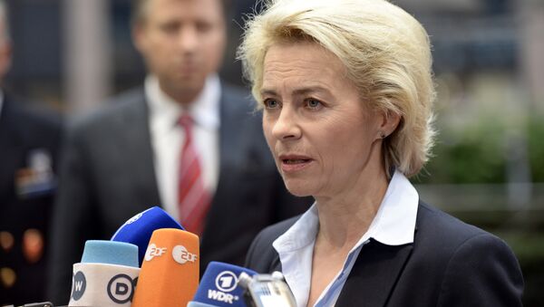 German Minister of Defence Ursula von der Leyen talks to journalists prior to the start of an European Union Defence Ministers' meeting at the EU Council in Brussels on November 17, 2015 - Sputnik Türkiye