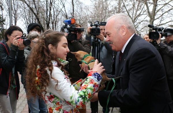 Rusya Devlet Başkanı Vladimir Putin, Donetsk’ten ailesiyle birlikte Kırım’ın Sivastopol kentine göçen küçük bir kıza Şivava cinsi köpek hediye etti. - Sputnik Türkiye