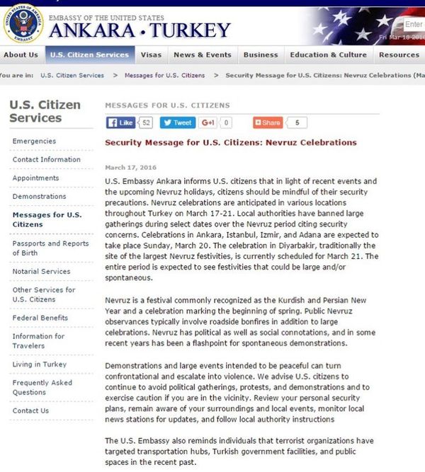ABD Büyükelçiliği'nin Nevruz öncesi vatandaşları için yayınladığı uyarı mesajı  - Sputnik Türkiye