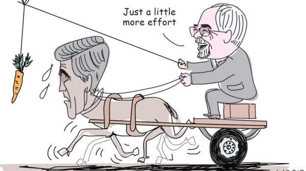 Amos Biderman tarafından çizilen karikatürde, İran Dışişleri Bakanı Zarif bir at arabası kullanıyor. Elindeki kırbacın ucuna bir havuç bağlayan Zarif, “Biraz daha çaba” diyerek at olarak tasvir edilmiş ABD Dışişleri Bakanı Kerry’yi ‘motive’ etmeye çalışıyor. Amos Biderman tarafından çizilen karikatürde, İran Dışişleri Bakanı Zarif bir at arabası kullanıyor. Elindeki kırbacın ucuna bir havuç bağlayan Zarif, “Biraz daha çaba” diyerek at olarak tasvir edilmiş ABD Dışişleri Bakanı Kerry’yi ‘motive’ etmeye çalışıyor. - Sputnik Türkiye