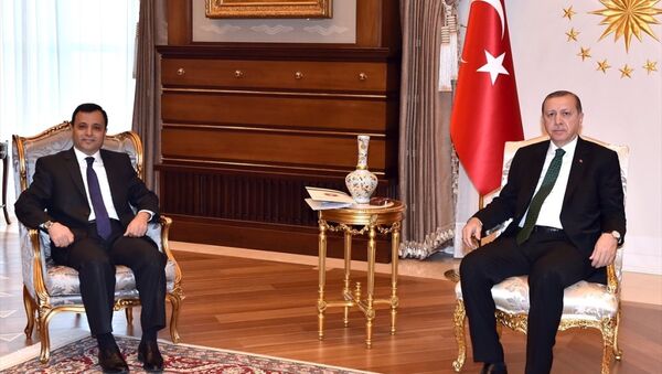 Cumhurbaşkanı Recep Tayyip Erdoğan, Cumhurbaşkanlığı Külliyesi'nde Anayasa Mahkemesi Başkanı Zühtü Arslan'ı kabul etti. - Sputnik Türkiye