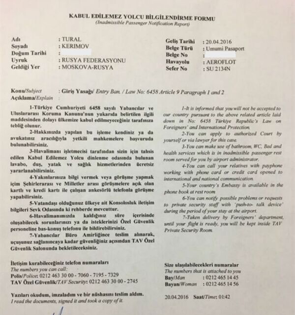 Tural Kerimov'a tebliğ edilen belge. - Sputnik Türkiye