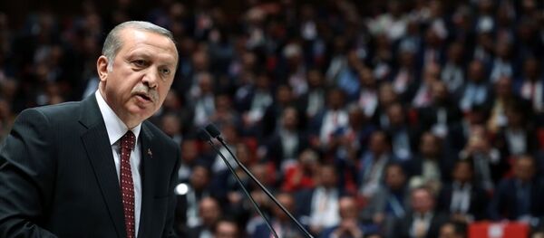 Cumhurbaşkanı Recep Tayyip Erdoğan, TOBB İkiz Kuleler'de yapılan 'TOBB 72. Genel Kurul Hizmet Şeref Belgesi ve Plaket Töreni'ne katılarak bir konuşma yaptı. - Sputnik Türkiye