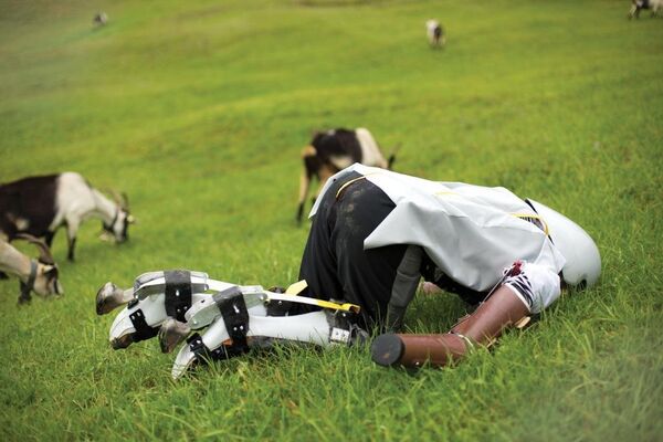 Thomas Thwaites, keçi bacaklarıyla İsviçre’nin Wolfenschiessen köyündeki bir çobanın sürüsüne katılmış, göğsünün üstüne yerleştirilen sahte keçi midesiyle keçiler gibi otlamıştı. - Sputnik Türkiye