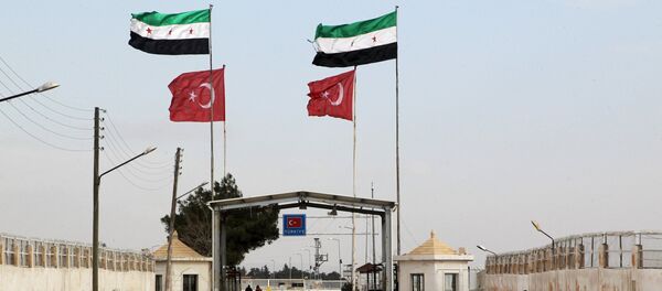 Öncüpınar Sınır Kapısı'nda yan yana dalgalanan Özgür Suriye Ordusu ve Türkiye bayrakları. - Sputnik Türkiye