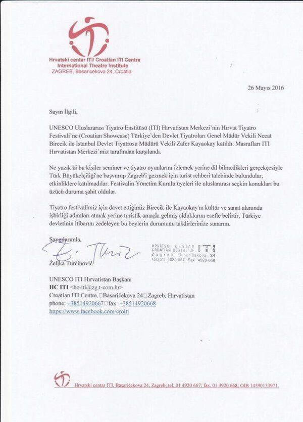 UNESCO ITI Hırvatistan Başkanı’nın Türkiye gönderdiği yazıda ise Türk yetkililerin etkinliklere katılmadığına yönelik iddialar yer aldı. - Sputnik Türkiye