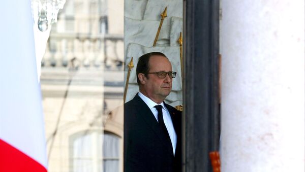 French President Francois Hollande stands in the entrance of the Elysee Palace following the weekly cabinet meeting in Paris, France, March 2, 2016. - Sputnik Türkiye
