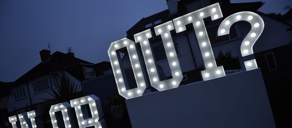 An illuminated In or Out sign is pictured outside a house in Hangleton near Brighton in southern England, on June 23, 2016, as Britain holds a referendum on whether to stay or leave the European Union (EU) - Sputnik Türkiye