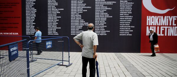 15 Temmuz'daki darbe girişimi sırasında hayatını kaybedenlerin isimleri, Taksim Meydanı'nda hazırlanan panoya yazıldı. - Sputnik Türkiye