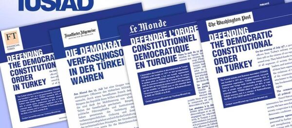 TÜSİAD, FETÖ'nün darbe girişiminin ardından ABD, Almanya, Fransa ve İngiltere'nin önemli gazetelerinde ‘Türkiye'de Demokratik Anayasal Düzeni Korumak’ başlıklı bir ilan yayınladı. - Sputnik Türkiye