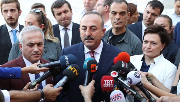 Dışişleri Bakanı Mevlüt Çavuşoğlu, İranlı mevkidaşı Cevad Zarif'i uğurladıktan sonra TBMM bahçesinde gazetecilerin sorularını yanıtladı. - Sputnik Türkiye