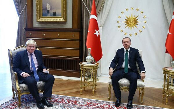 Cumhurbaşkanı Recep Tayyip Erdoğan (sağda), İngiltere Dışişleri Bakanı Boris Johnson'ı (solda) kabul etti. - Sputnik Türkiye