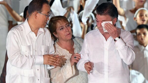 Juan Manuel Santos / Ban Ki-mun / Michelle Bachelet - Sputnik Türkiye