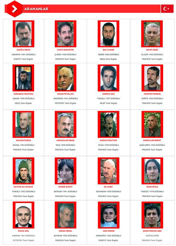 İçişleri Bakanlığı, aranan ‘terörist’ listesini güncelledi. Listede 14 ayrı ‘terör örgütünden’ toplam 781 kişi Türkiye'de aranıyor.  - Sputnik Türkiye