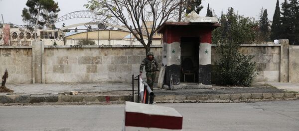 Halep'teki kontrol noktasında bekleyen Suriye ordusu askeri - Sputnik Türkiye