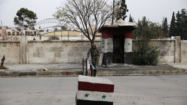 Halep'teki kontrol noktasında bekleyen Suriye ordusu askeri - Sputnik Türkiye