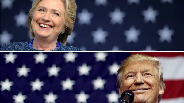 U.S. presidential nominees Hillary Clinton (top) and Donald Trump speak at campaign rallies in Cedar Rapids, Iowa, U.S. October 28, 2016 and Delaware, Ohio October 20, 2016 in a combination of file photos. - Sputnik Türkiye