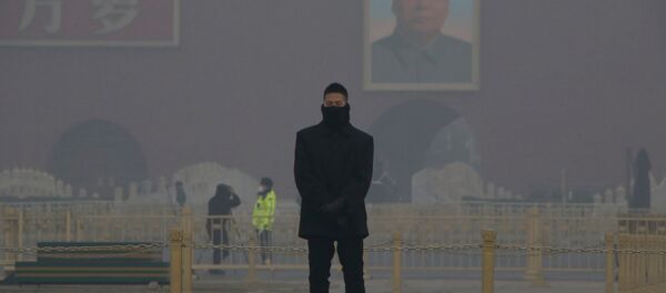 Pekin'deki Tiananmen meydanında kirli hava kütlesi altında nöbet tutan bir güvenlik görevlisi - Sputnik Türkiye
