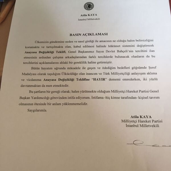 MHP İstanbul Milletvekili Atila Kaya'nın istifa dilekçesi - Sputnik Türkiye