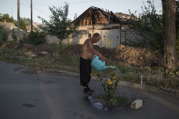 Donetsk bölgesinin Veseloye kasabasında, sokaktaki çiçekleri sulayan adam. - Sputnik Türkiye