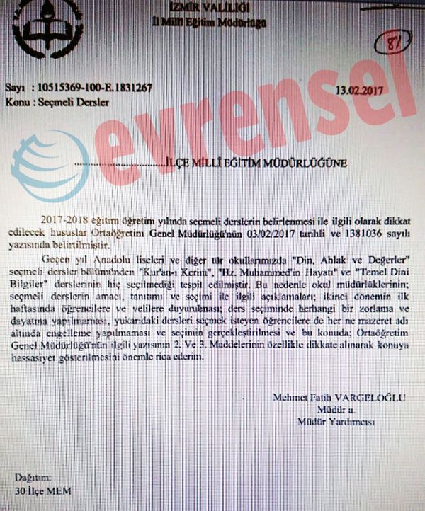 İzmir İl Milli Eğitim Müdürlüğü'nden 'din dersi' yazısı - Sputnik Türkiye