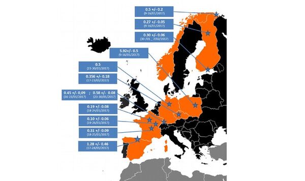 Radyoaktif İyot-131 parçacıklarının Avrupa'daki yoğunluğunu gösteren harita - Sputnik Türkiye