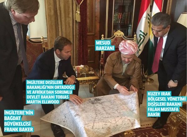 İngiltere Dışişleri Bakanlığı'nın Ortadoğu ve Afrika'dan Sorumlu Devlet Bakanı Tobias Martin Ellwood ve IKBY Başkanı Mesud Barzani - Sputnik Türkiye