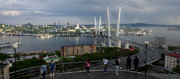 People watch a bridge over the Golden Horn bay from a viewpoint in Vladivostok, Russia, June 8, 2017 People watch a bridge over the Golden Horn bay from a viewpoint in Vladivostok, Russia, June 8, 2017 - Sputnik Türkiye