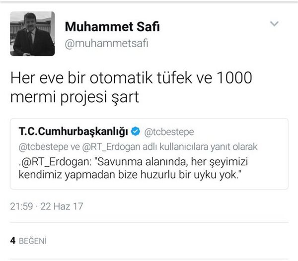 Cumhurbaşkanlığı Arşiv Müdürü'nün Twitter hesabından paylaştığı 'silahlanma' mesajı. - Sputnik Türkiye