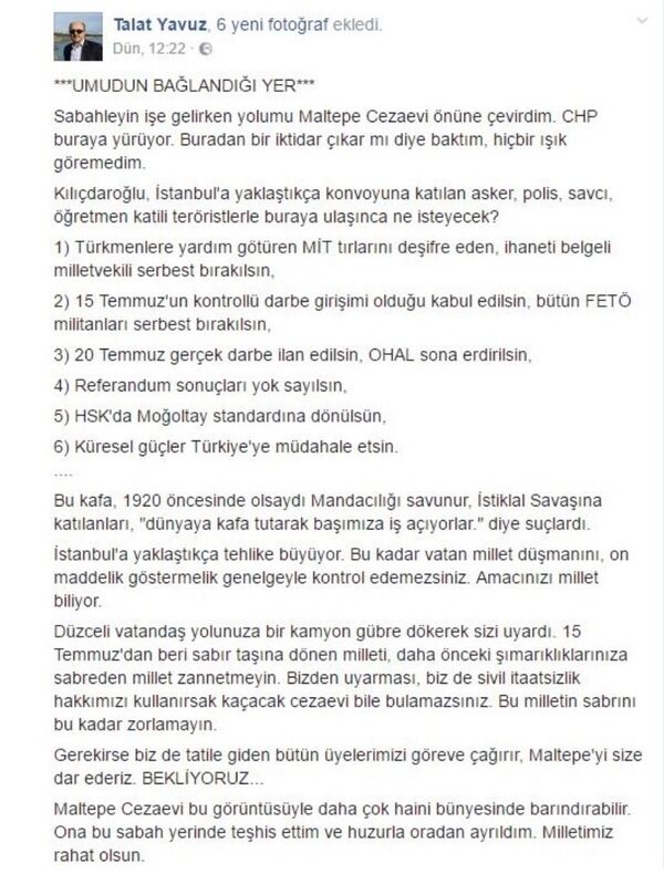 Eğitim Bir Sen İstanbul 4 No'lu Şube Başkanı Talat Yavuz'un Adalet Yürüyüşü'ne katılanları tehdit eden paylaşımı. - Sputnik Türkiye